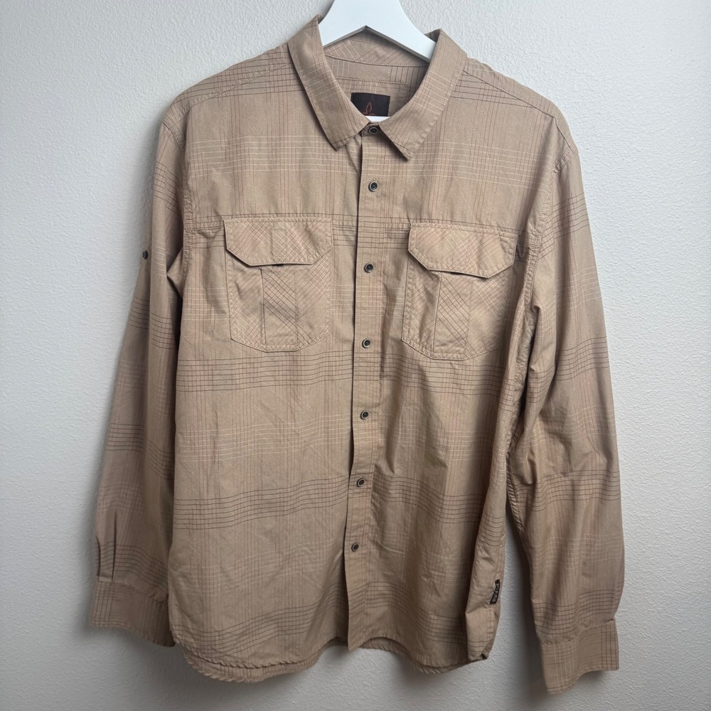 prAna Outdoor Performance Button Down Shirt Large Standard Tan Plaid Roll-Sleeve